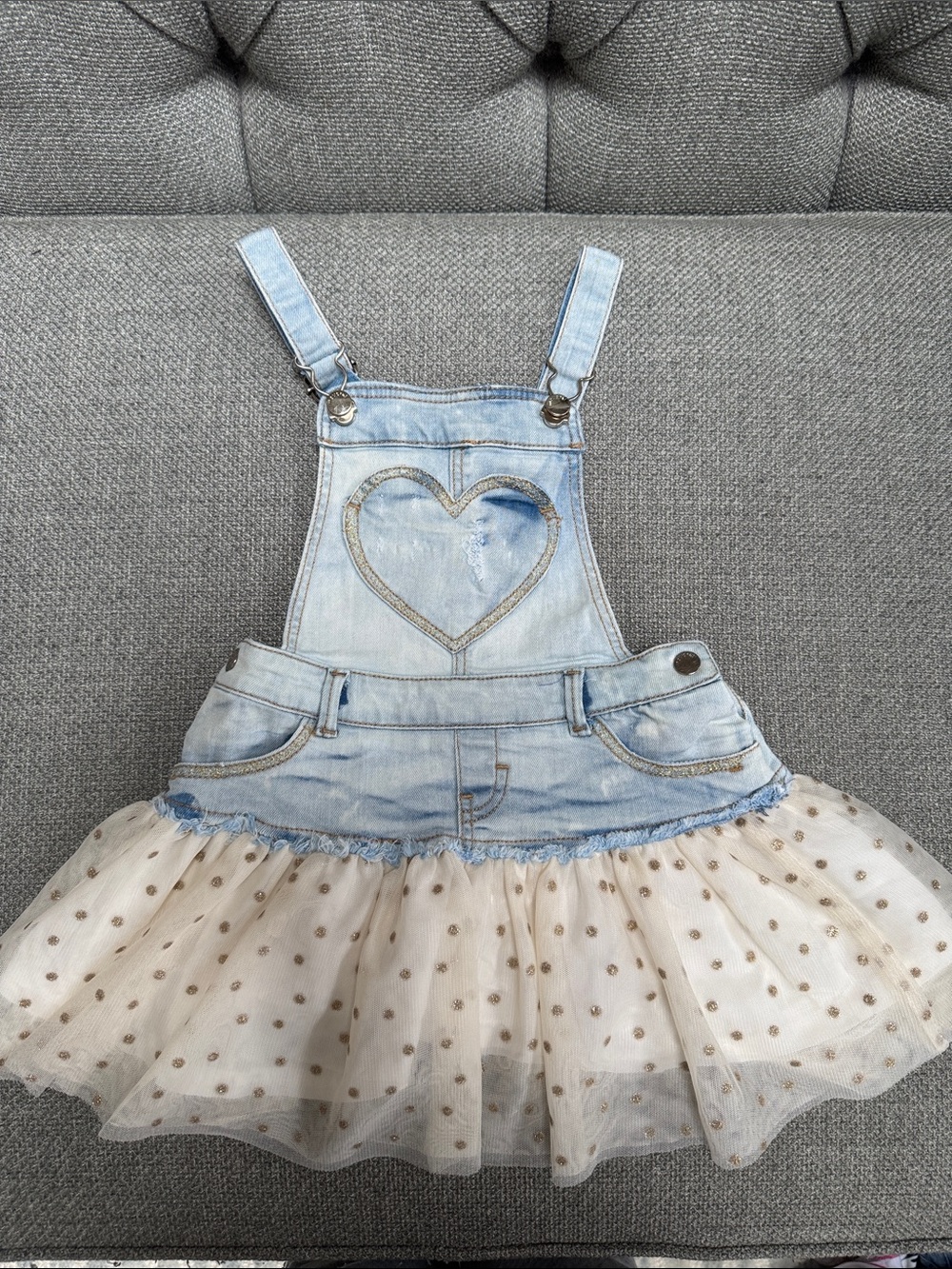 Mayoral Light Blue Denim Heart Bib Overall Dress with Cream Polka Dot Tulle